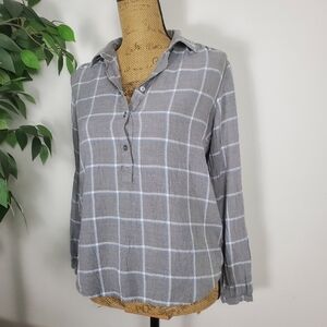 LOFT 1/4 Button Down Gray Plaid Women's Top Size Extra Small Soft Lightweight